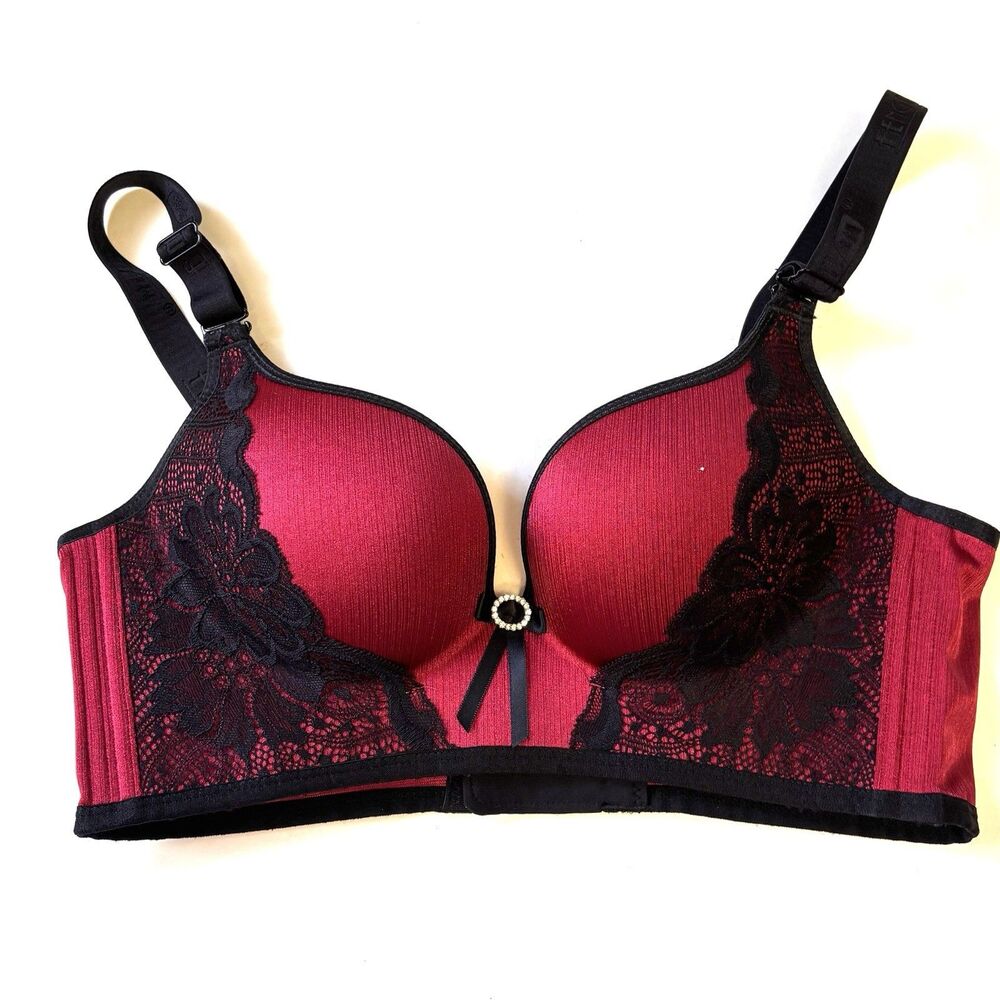 FENGTI Bras Lot Of 2 Push Up 36B Black And Maroon Rhinestones Lace Sexy Lingerie - Picture 8 of 16